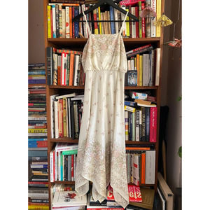 Vintage Cream Floral Dress with Handkerchief Skirt + Maxi Underskirt, size XS-S